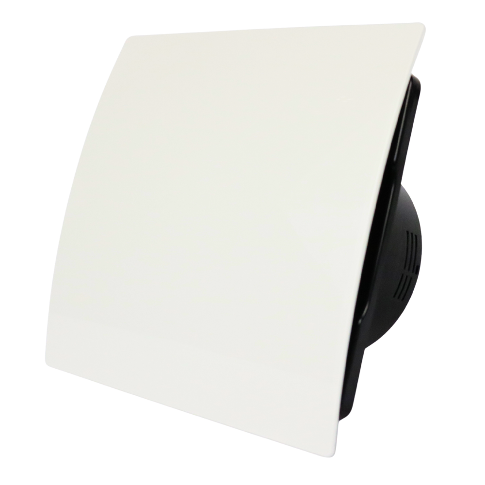 Whisper Pro-design Badkamerventilator - Ø100mm - Met Nalooptimer + Vochtsensor - Gebogen Kunststof - Wit - Zwarte Ventilator