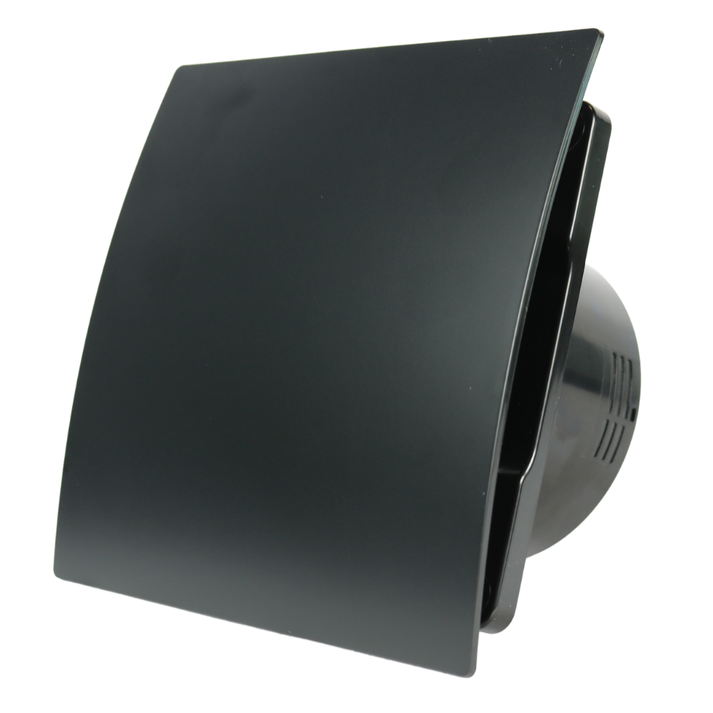 Whisper Pro-design Badkamerventilator - Ø100mm - Met Nalooptimer + Vochtsensor - Gebogen Kunststof - Mat Zwart - Zwarte Ventilator