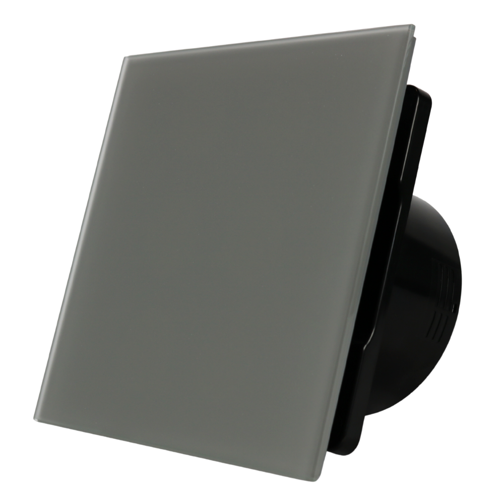 Whisper Pro-design Badkamerventilator - Ø100mm - Met Nalooptimer + Vochtsensor - Vlak Glas - Mat Grijs - Zwarte Ventilator