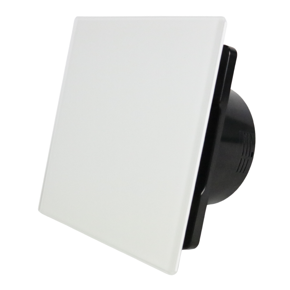 Whisper Pro-design Badkamerventilator - Ø125mm - Met Nalooptimer - Vlak Glas - Mat Wit - Zwarte Ventilator