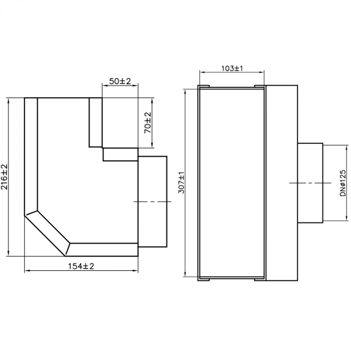 Haakse roosterschoen 305 x 102mm met aansluiting Ø 125mm