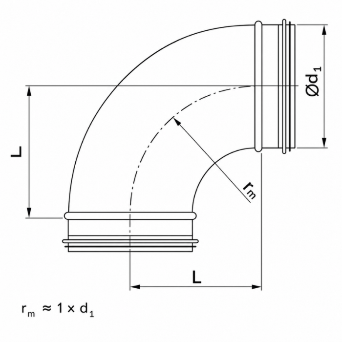 Bocht 90º met afdichtingsrubber - geperst - Ø 200mm