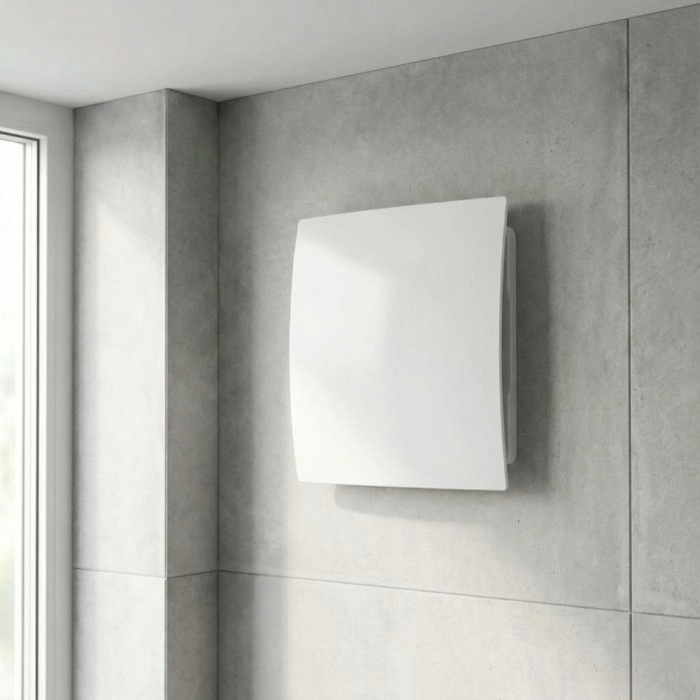 Whisper pro-design badkamerventilator - Ø100mm - met nalooptimer en vochtsensor - gebogen kunststof - wit Whisper pro-design badkamerventilator - Ø100mm - met nalooptimer en vochtsensor - gebogen kunststof - wit