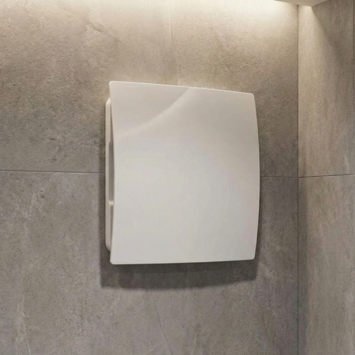 Whisper pro-design badkamerventilator - Ø100mm - met nalooptimer en vochtsensor - gebogen kunststof - wit Whisper pro-design badkamerventilator - Ø100mm - met nalooptimer en vochtsensor - gebogen kunststof - wit