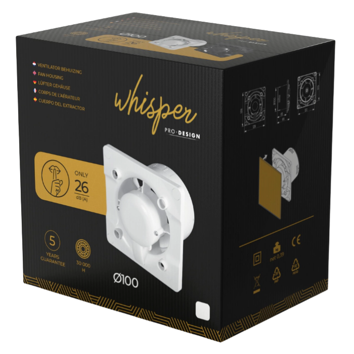 Whisper pro-design badkamerventilator - Ø100mm - met nalooptimer en vochtsensor - gebogen kunststof - wit Whisper pro-design badkamerventilator - Ø100mm - met nalooptimer en vochtsensor - gebogen kunststof - wit