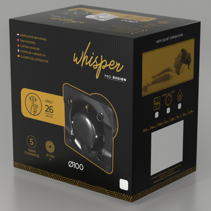 Whisper Pro-Design badkamerventilator - Ø100mm - met nalooptimer - gebogen kunststof - mat zwart - zwarte ventilator