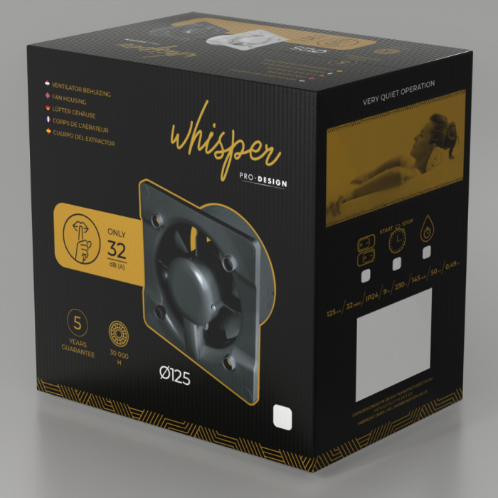 Whisper Pro-Design badkamerventilator - Ø125mm - met nalooptimer + vochtsensor - gebogen kunststof - wit - zwarte ventilator