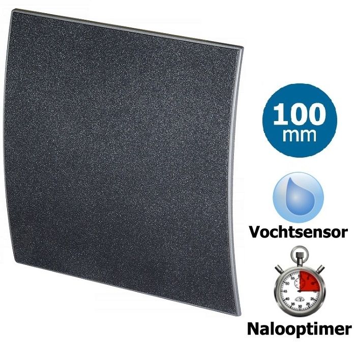 Pro-Design badkamer/toilet ventilator - TIMER + VOCHTSENSOR (KW100H) - Ø100mm - kunststof - grafiet DELUXE