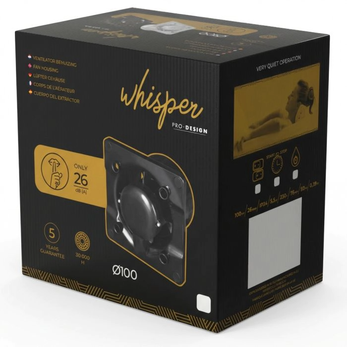 Whisper Pro-Design badkamerventilator - Ø100mm - met nalooptimer - vlak kunststof - wit - zwarte ventilator