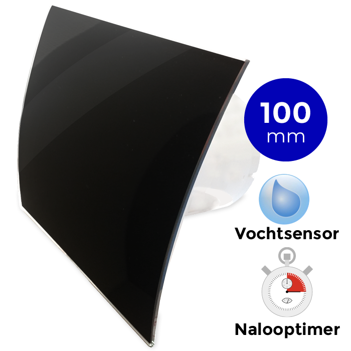 Pro-Design badkamerventilator - TIMER + VOCHTSENSOR (KW100H) - Ø 100mm - gebogen GLAS - glans zwart