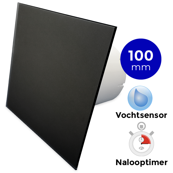 Pro-Design badkamerventilator - TIMER + VOCHTSENSOR (KW100H) - Ø 100mm - vlak GLAS - mat zwart