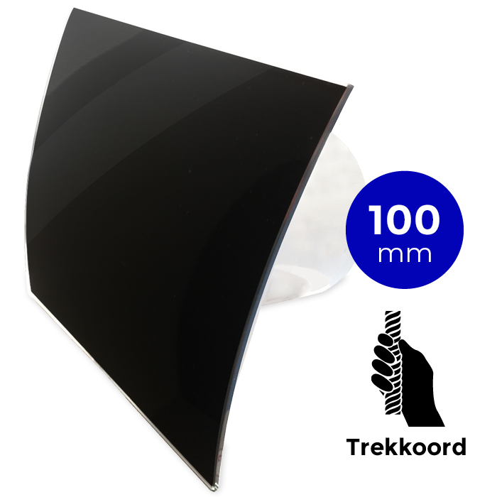 Pro-Design badkamer/toilet ventilator - TREKKOORD (KW100W) - Ø 100mm - gebogen GLAS - glans zwart