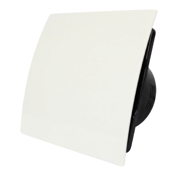 Whisper Pro-Design badkamerventilator - Ø125mm - met nalooptimer - gebogen kunststof - wit - zwarte ventilator Whisper Pro-Design badkamerventilator - Ø125mm - met nalooptimer - gebogen kunststof - wit - zwarte ventilator