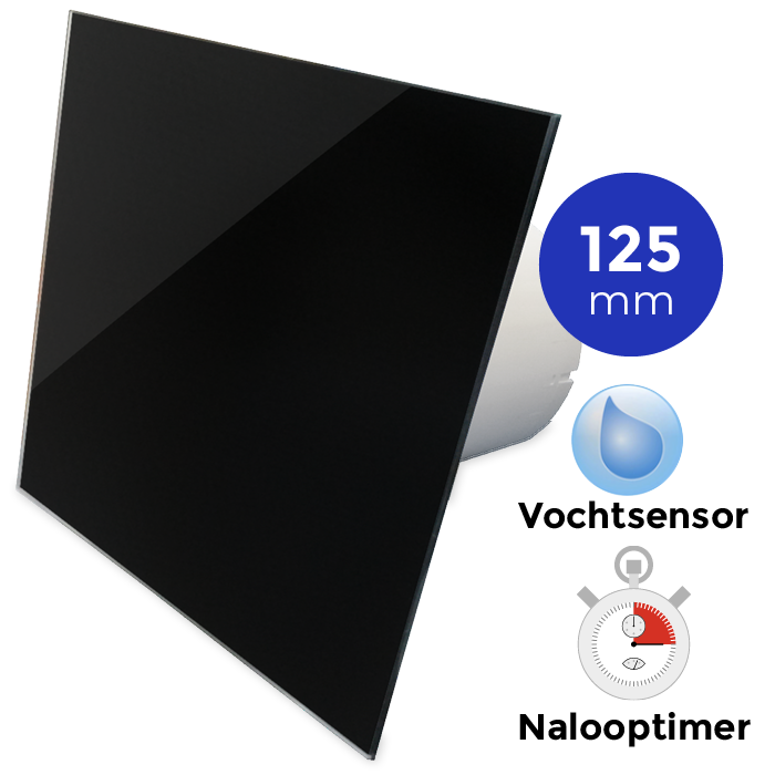Pro-Design badkamerventilator - TIMER + VOCHTSENSOR (KW125H) - Ø 125mm - vlak GLAS - glans zwart