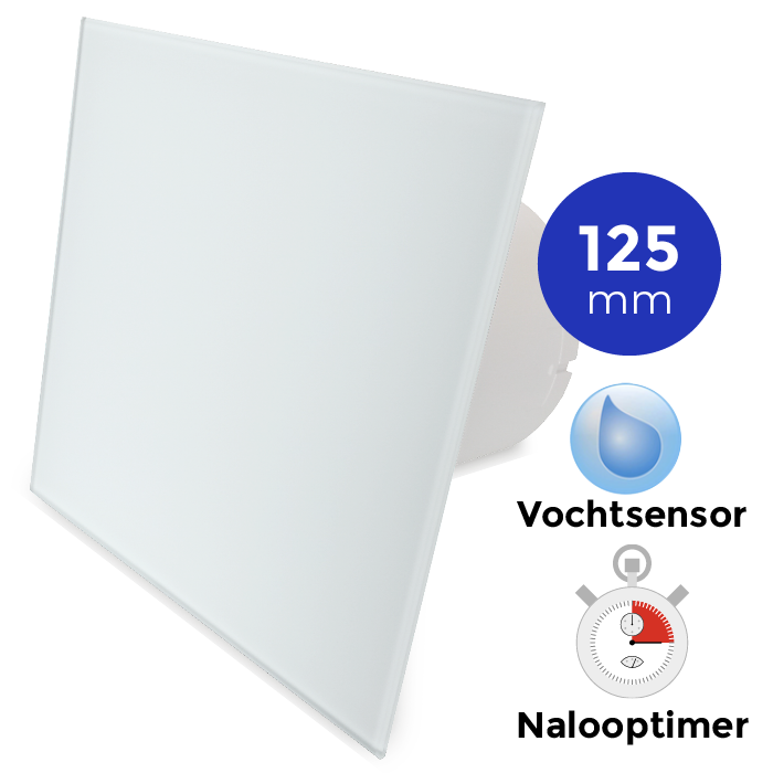 Pro-Design badkamerventilator - TIMER + VOCHTSENSOR (KW125H) - Ø 125mm - vlak GLAS - mat wit