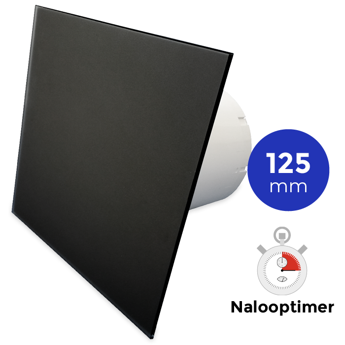 Pro-Design badkamer/toilet ventilator - MET TIMER (KW125T) - Ø125mm - vlak GLAS - mat zwart