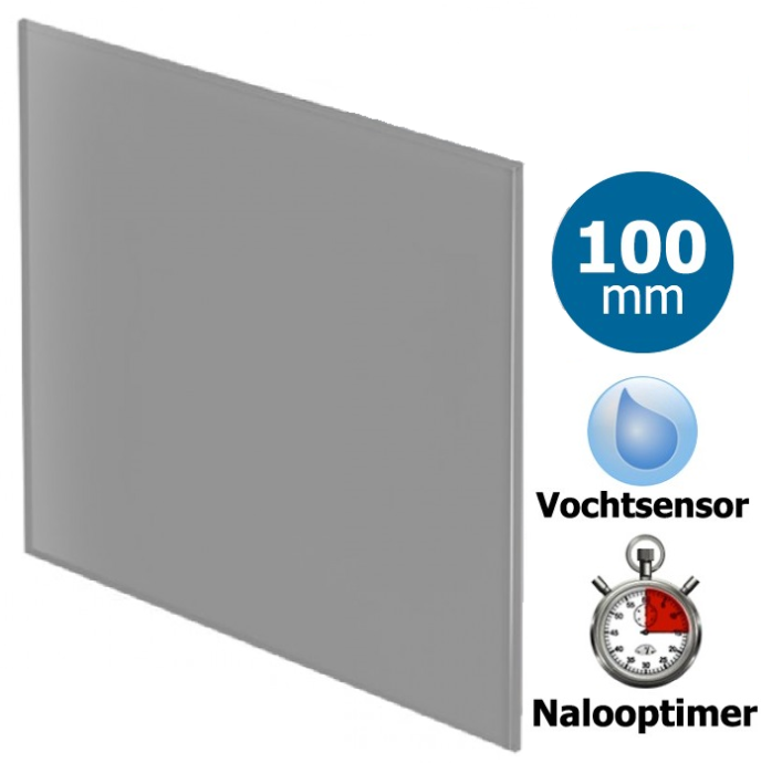 Pro-Design badkamer/toilet ventilator - TIMER + VOCHTSENSOR (KW100H) - Ø100mm - vlak GLAS - mat grijs