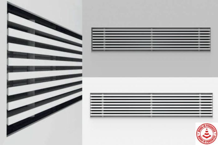 Instucbaar frameloos wandrooster - 210x50mm - t.b.v. kanaal 220 x 55mm Instucbaar frameloos wandrooster - 210x50mm - t.b.v. kanaal 220 x 55mm