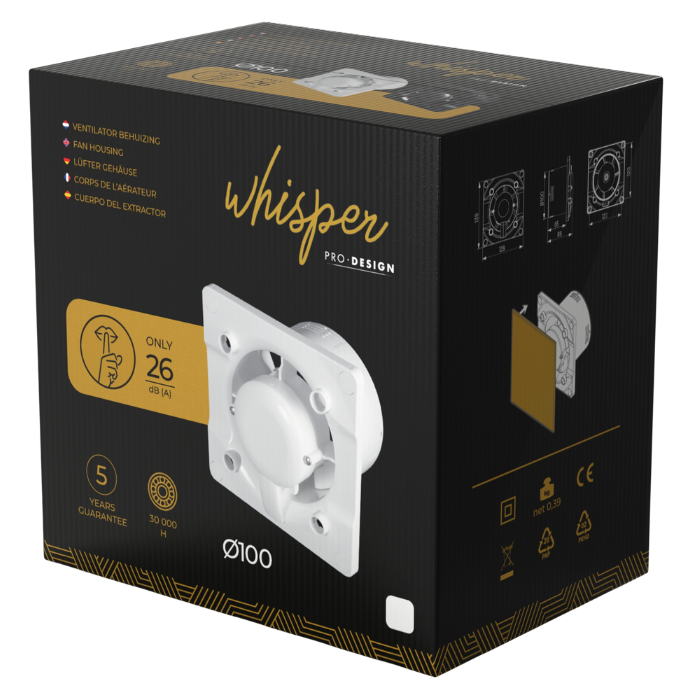 Whisper Pro-Design badkamerventilator - Ø100mm - aan/uit - vlak glas - mat grijs